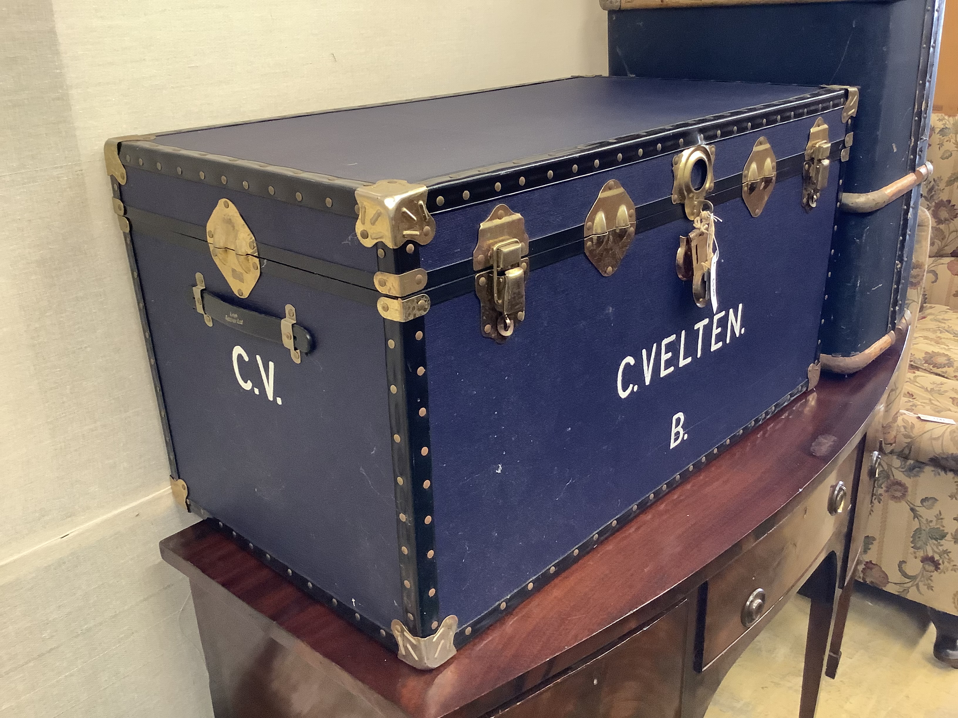 Two large cabin / luggage trunks, larger length 92cm, height 49cm